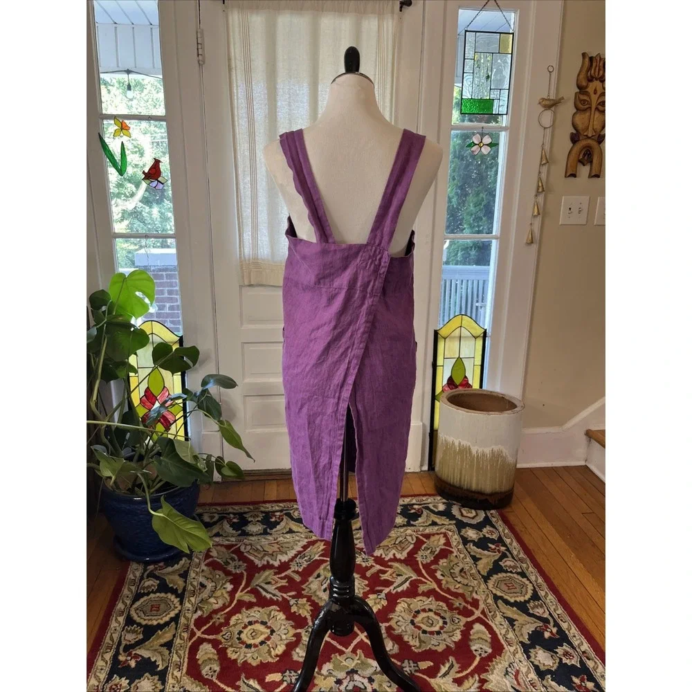 M&M 100% Linen Cross Back Smock Apron One Size Purple Molly Morris Design $100